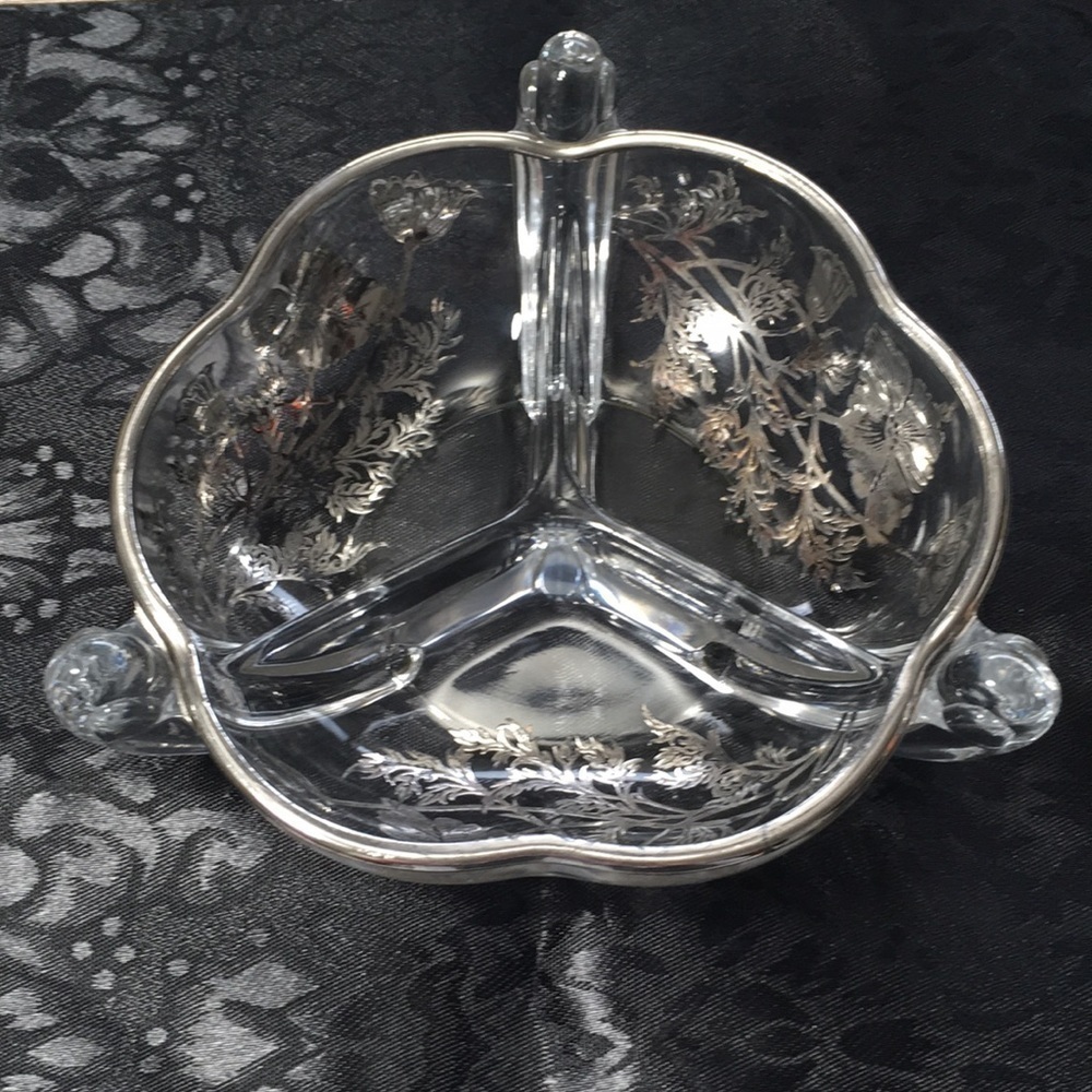 Vintage Silver City Sterling Silver Overlay Clear Glass 3 Divided Relish Dish